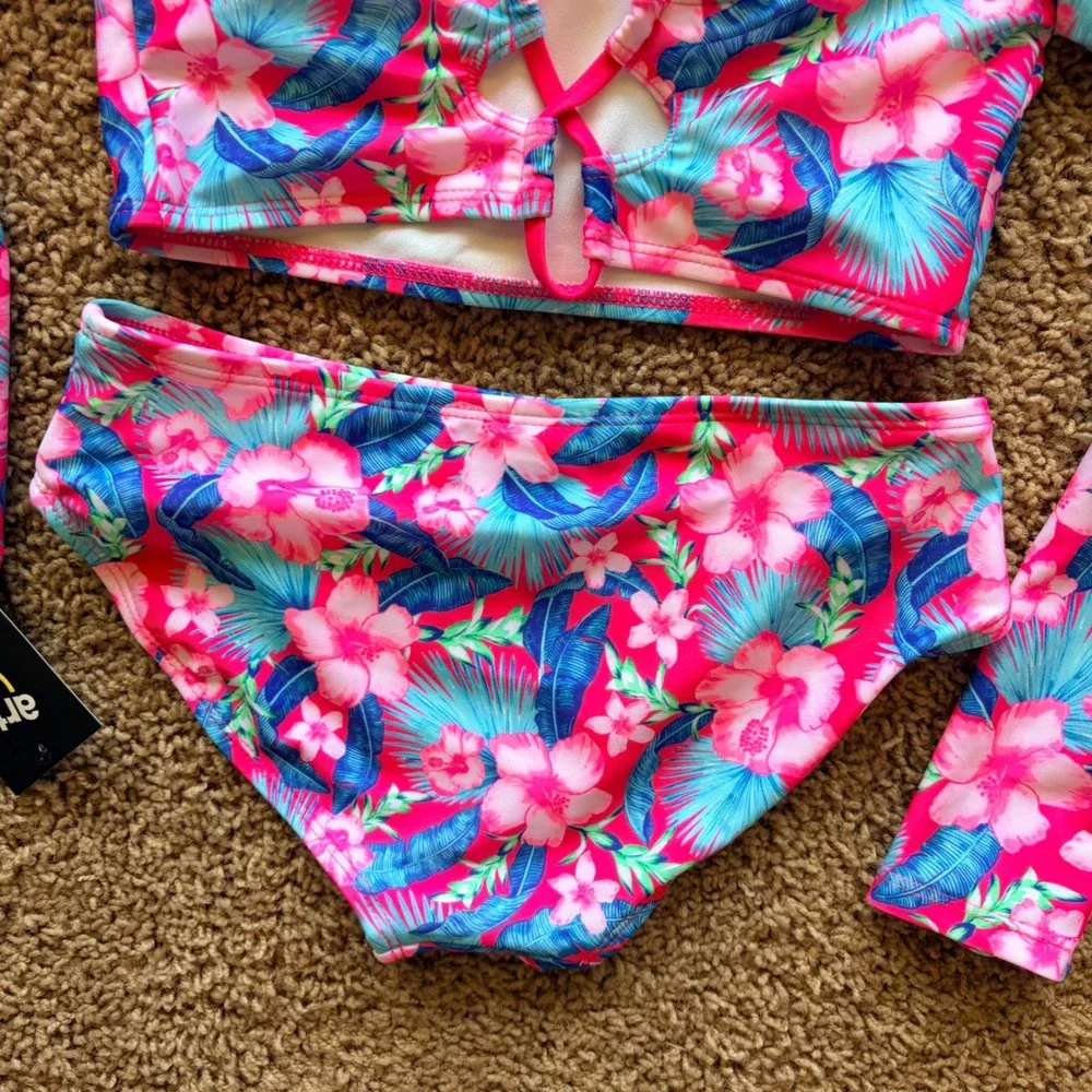 Art Class Pink Tropical Hawaiian Floral Rash Guard Bikini Bathing Suit 6/7 NWT